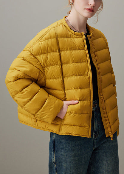 Simple Yellow O Neck Zippered Pockets Duck Down Puffer Coat Winter