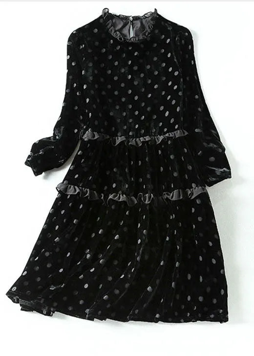 Black Dot Print Patchwork Velour Dress Spring