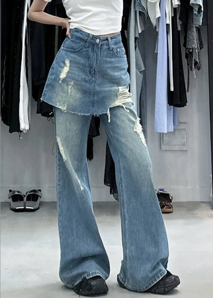 Blue False Two Pieces High Waist Denim Pants Summer