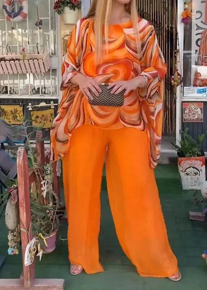 Natural Yellow O-neck Asymmetrical Print Top and Wide Leg Pants Two Pieces Set Fall