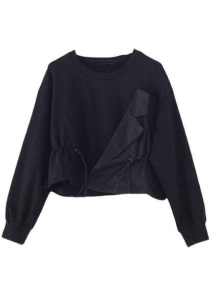Black O-neck Asymmetrical Design Cinched Sweatshirt