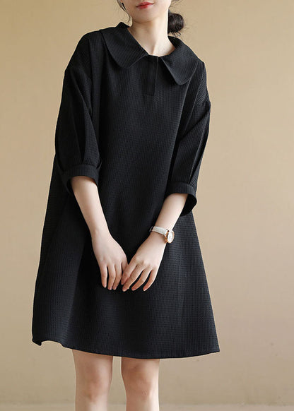 French Black Peter Pan Collar Waffle Cotton Vacation Mid Dress Bracelet Sleeve