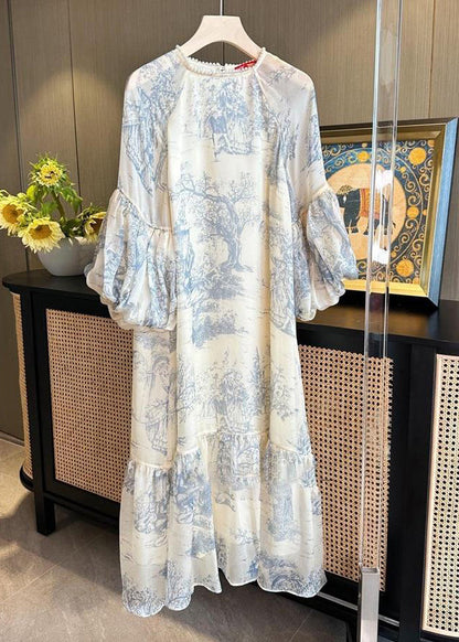 Beige Pearl Print Patchwork Dress Puff Sleeve