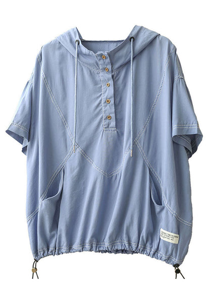 Simple Light Blue Drawstring Hooded Cotton Sweatshirt Short Sleeve