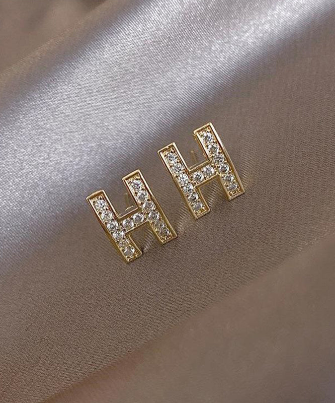 Gold Alloy Zircon H Graphic Stud Earrings