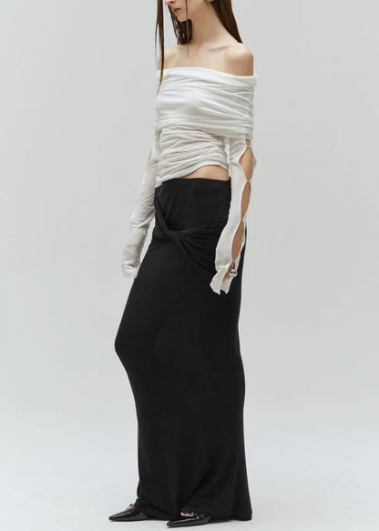 Black Hollow Out Cotton Two Pieces Set Fall