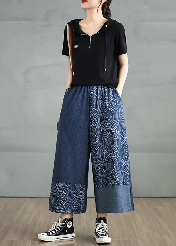 Navy Asymmetrical Print Denim Pants Summer