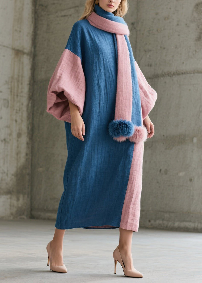 Colorblock O Neck Patchwork Cotton Robe Dresses Fall