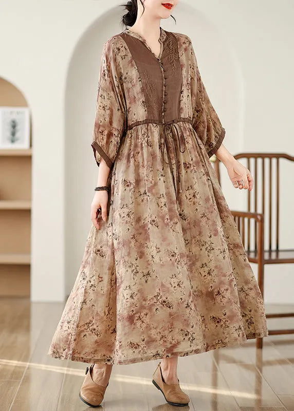 Art Brown Cinched Print Linen Maxi Dresses Bracelet Sleeve