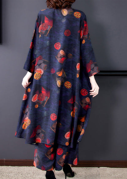 French Black Asymmetrical Print Chiffon Shirt and Wide Leg Pants Two Pieces Set Summer