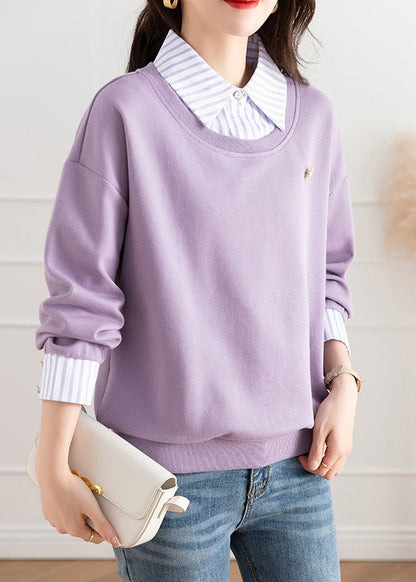 Purple Patchwork False Two Pieces Cotton Top Fall