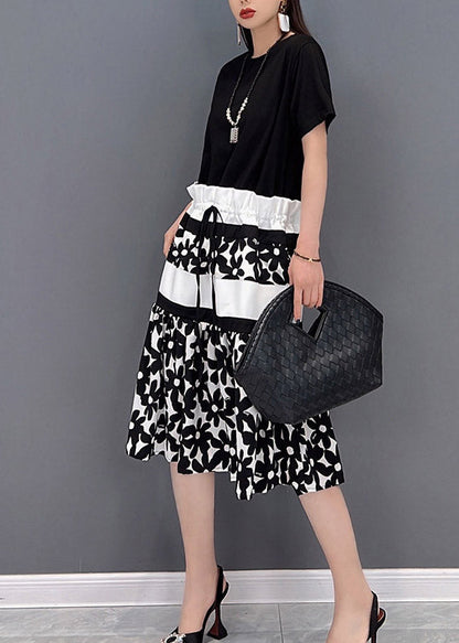 Slim Fit Black O-neck Print Drawstring Patchwork Long Dress Short Sleeve