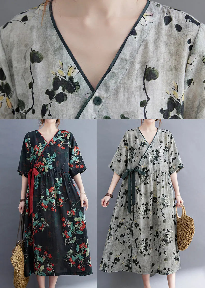 Navy Patchwork Linen Holiday Dresses Tie Waist Short Sleeve