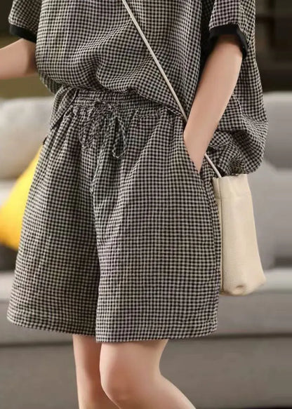Classy Grey Oversized Plaid Linen Shorts Summer