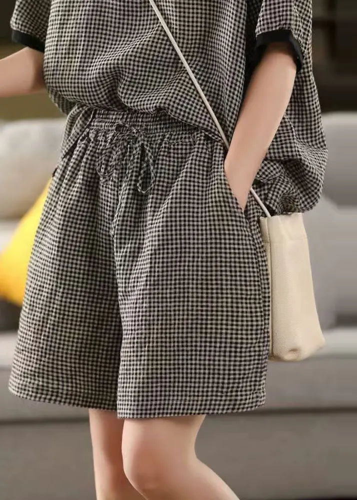 Classy Grey Oversized Plaid Linen Shorts Summer