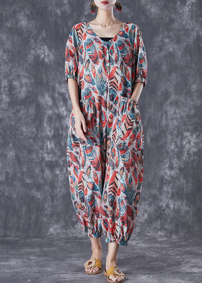 Red Feather Print Pockets Linen Jumpsuit Summer