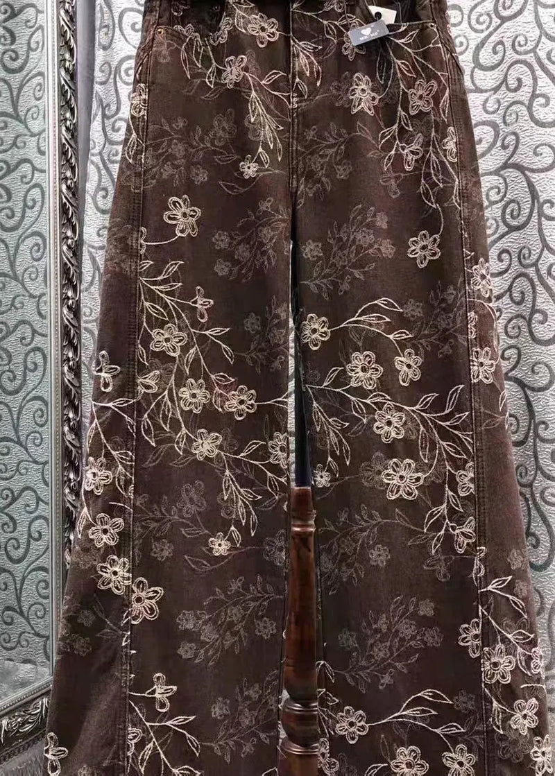 French Brown Print Denim Wide Leg Pants Fall