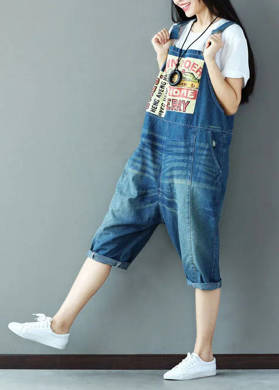 Blue Oversized Applique Cotton Denim Jumpsuit Spring