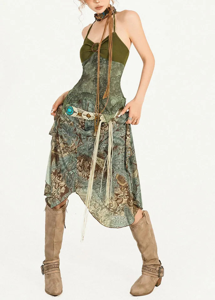 Green Print Top and Maxi Skirts Two Pieces Set Sleeveless