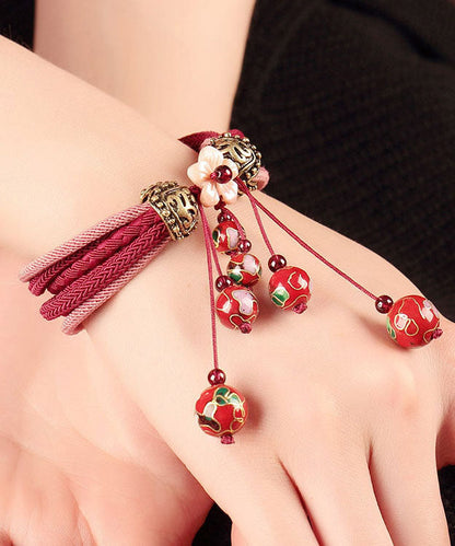 Red Hand Knitting Alloy Cloisonne Shell Flower Charm Bracelet