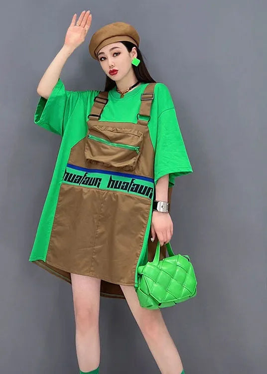 Green O-neck Patchwork Cotton Fake Two Piece Strap Dress Short Sleeve