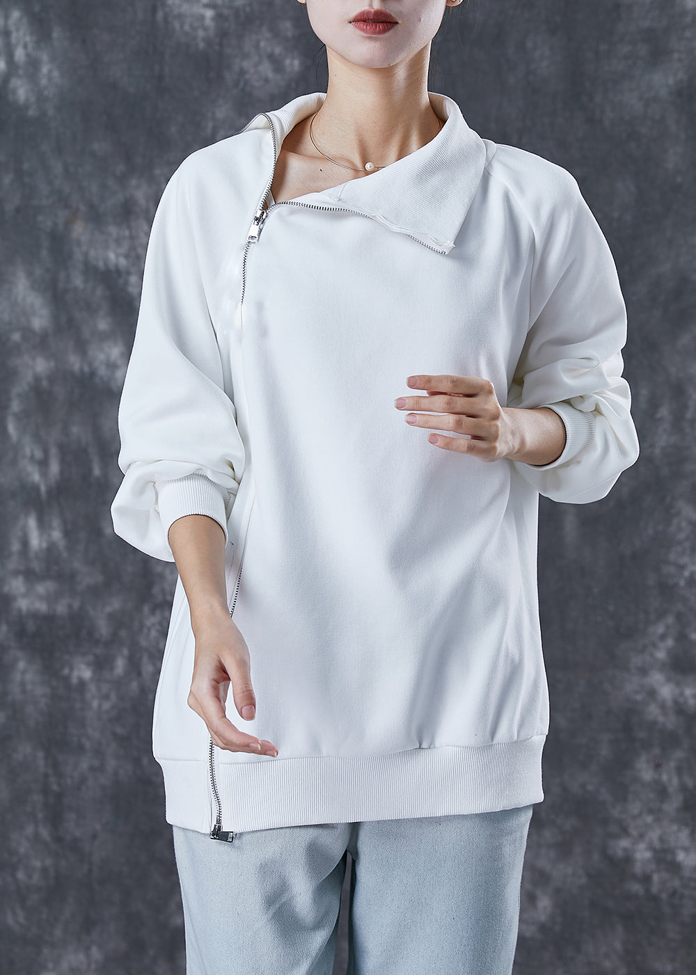 Italian White Asymmetrical Zippered Cotton Spring