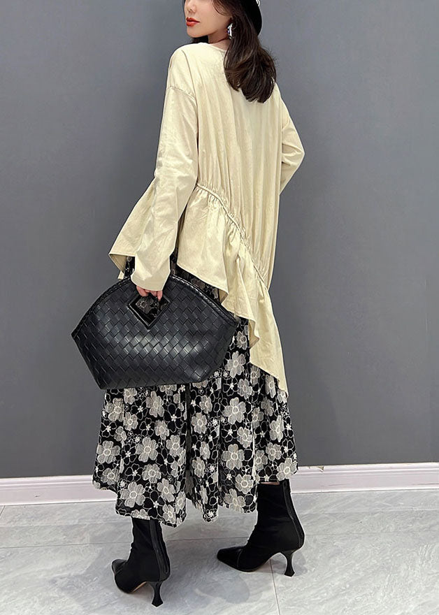 Beige O-neck Asymmetrical Patchwork Ruffles Dresses Fall