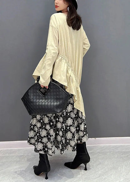 Beige O-neck Asymmetrical Patchwork Ruffles Dresses Fall
