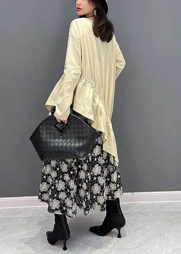Beige O-neck Asymmetrical Patchwork Ruffles Dresses Fall