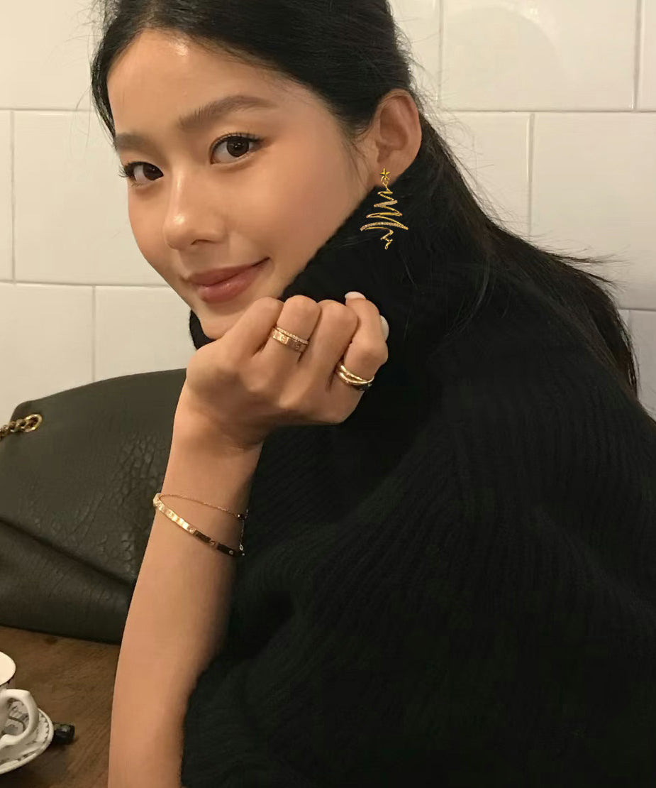 Unique Gold Copper Overgild Zircon Christmas Tree Asymmetrical Line Hoop Earrings