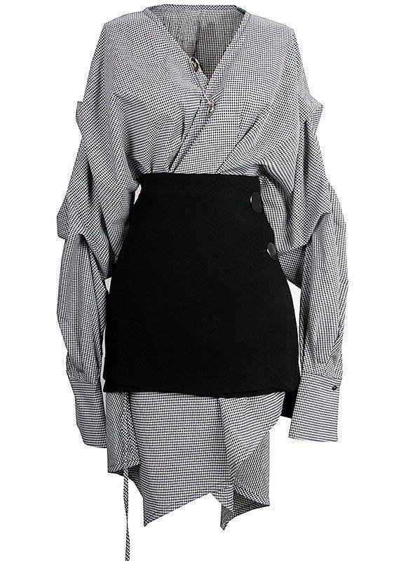 Plaid V Neck Asymmetrical Designlong Sleeve Dress + Black Straight Skirt Two Pieces Set