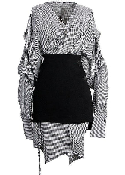 Plaid V Neck Asymmetrical Designlong Sleeve Dress + Black Straight Skirt Two Pieces Set