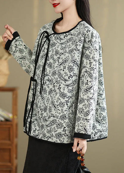 Retro O-neck Tassel Pockets Print Cotton Coat Spring