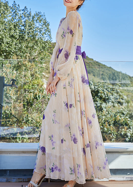 French Apricot Yellow O-neck Print Tunic Bow Chiffon Holiday Maxi Dresses Spring