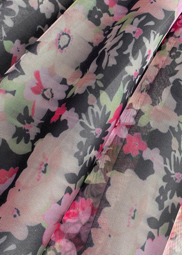 Black Square Collar Print Tulle Patchwork Tunic Mid Dress Short Sleeve