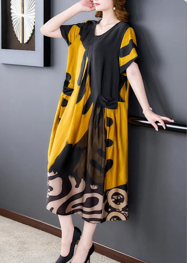 Organic Yellow O-neck Print Silk Long Dresses Summer