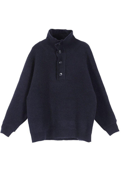 Loose Navy High Neck Button Fall Knit Sweater