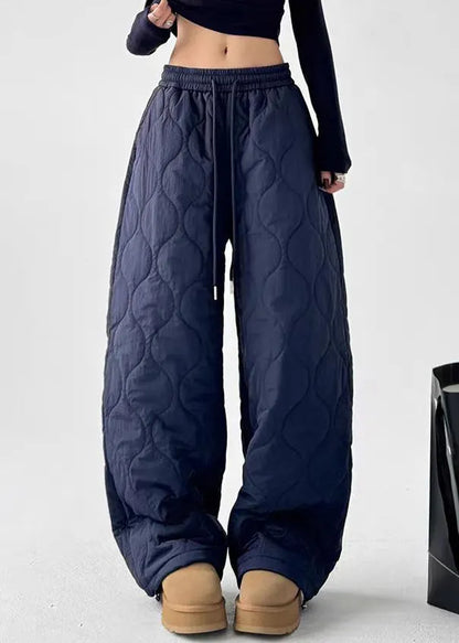 Navy Original Design Cotton Filled Wide Leg Pants Elastic Waist