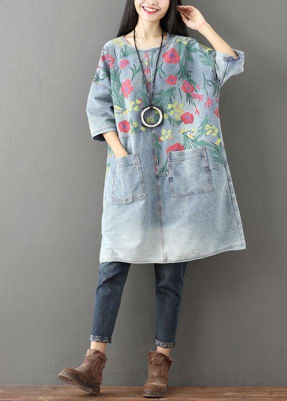 Unique Blue O-neck Pockets Print Fall Denim Dresses Half Sleeve