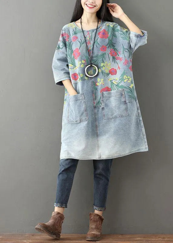 Unique Blue O-neck Pockets Print Fall Denim Dresses Half Sleeve