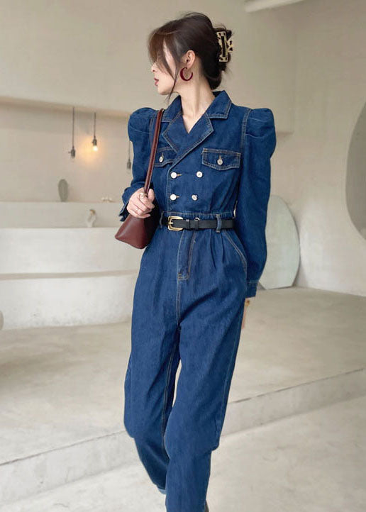 Dark Blue Puff Sleeve Denim Jumpsuit Spring