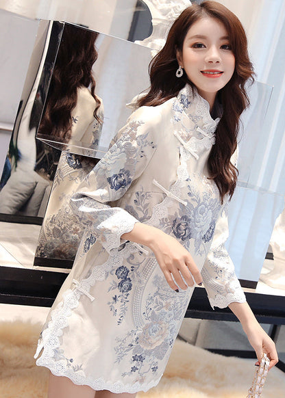 Stand Collar Embroideried Button Lace Patchwork Top Long Sleeve