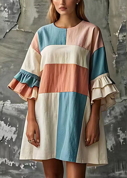 Fine Rainbow O-neck Patchwork Cotton Robe Dresses Flare Sleeve