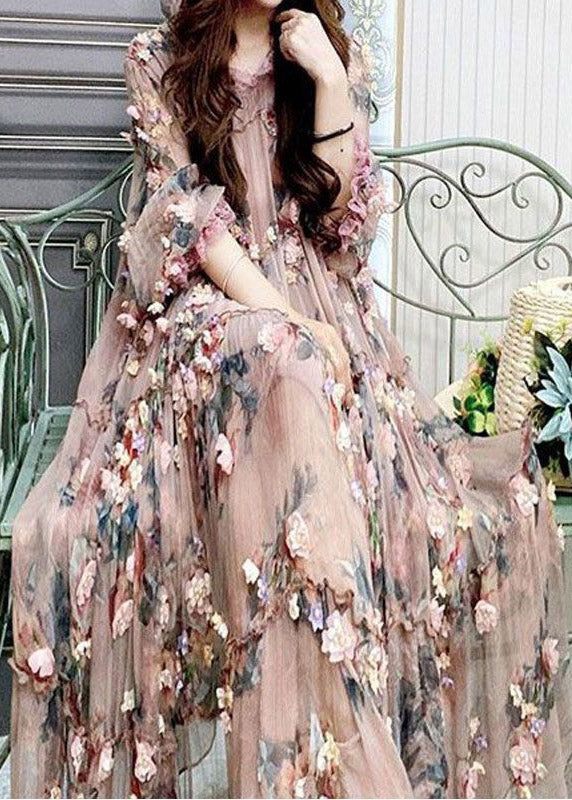 Modern Embroidered Ruffled Tulle Long Dress Lantern Sleeve Summer