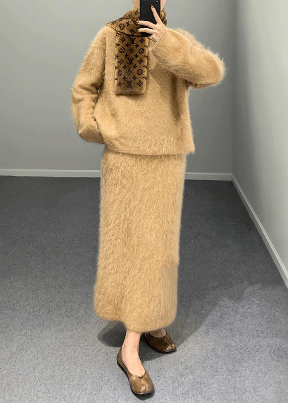 Khaki O Neck Woolen Two Piece Set Outfits Winter