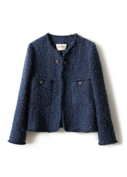 Blue V Neck Button Pockets Ma Hai Mao Coat Long Sleeve