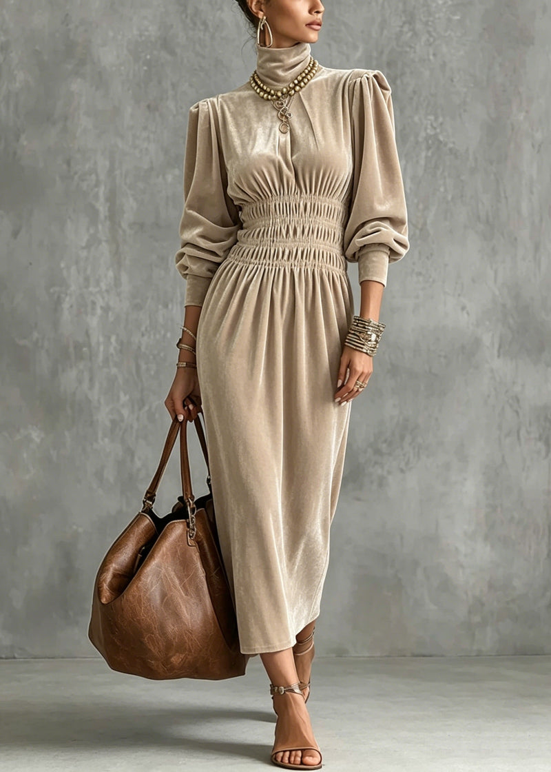 Apricot Hign Neck Wrinkled Patchwork Velvet Dress Lantern Sleeve