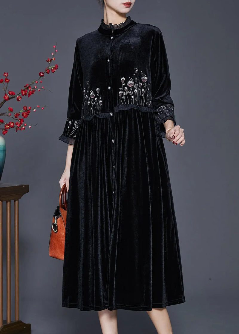 Black Embroidered Patchwork Ruffled Silk Velour Dress Bracelet Sleeve