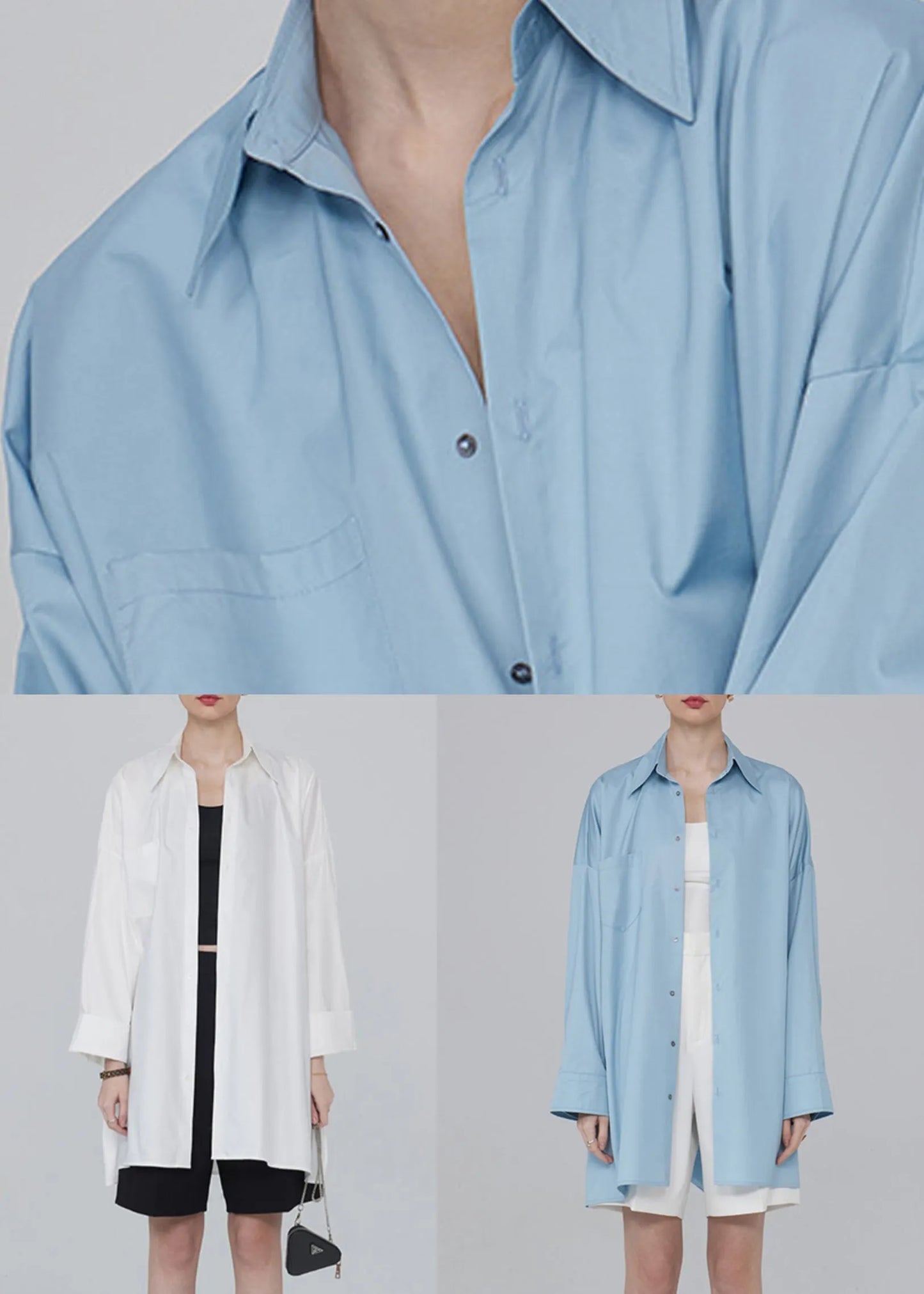 Blue Button Pockets Patchwork Cotton Blouses Fall