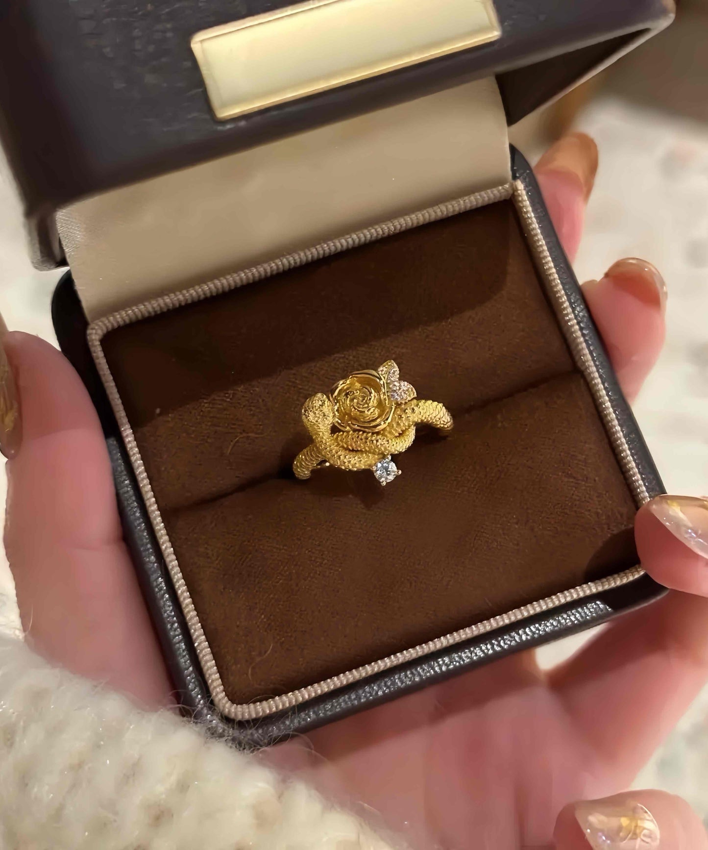 New Gold Sterling Silver Overgild Zircon Snake and Rose Rings